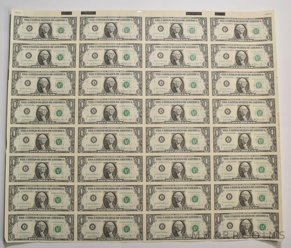 Lot (32) 1981 $1 Boston MA FRN Green Seal Uncut Sheet *5925