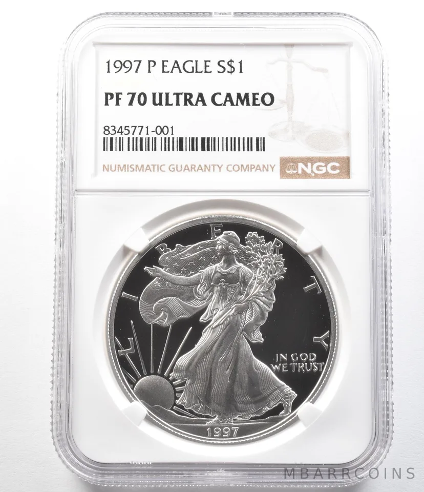 1997-P American Silver Eagle 1 Oz PF70 UCAM NGC Brown Label