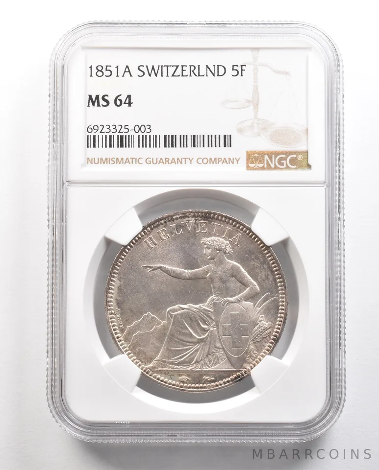 1851 A Switzerland 5 Francs MS64 NGC *6495