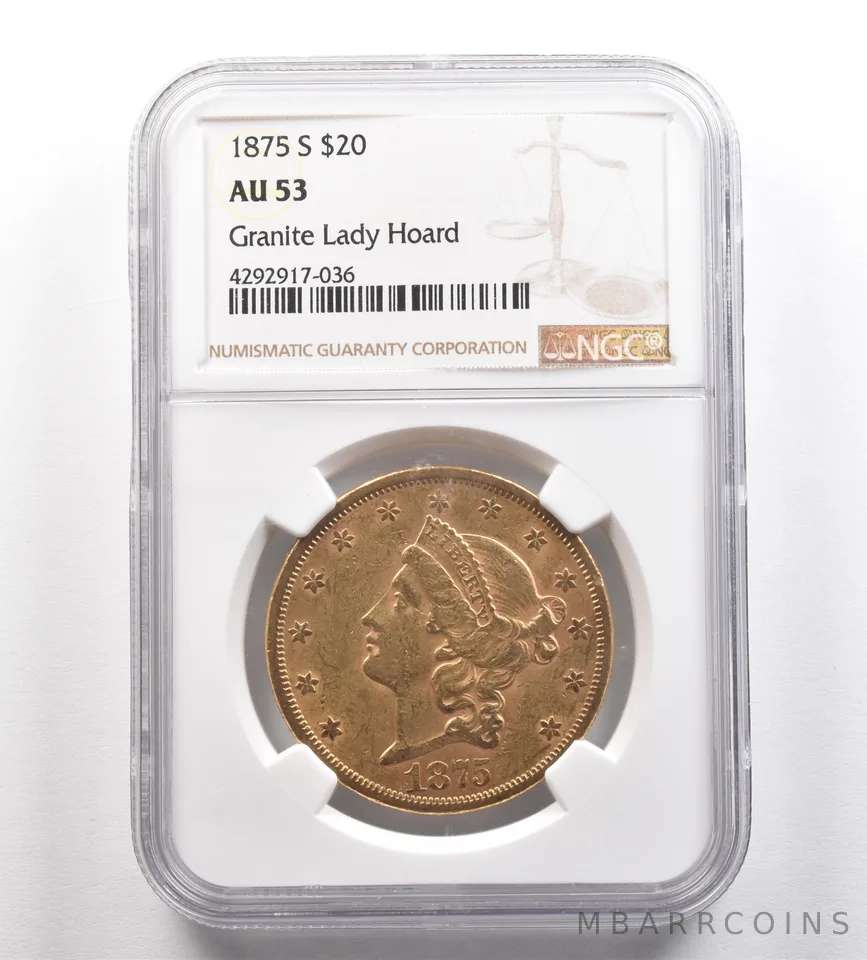 1875-S $20 Liberty Head Gold Double Eagle Granite Lady Hoard AU53 NGC *4285