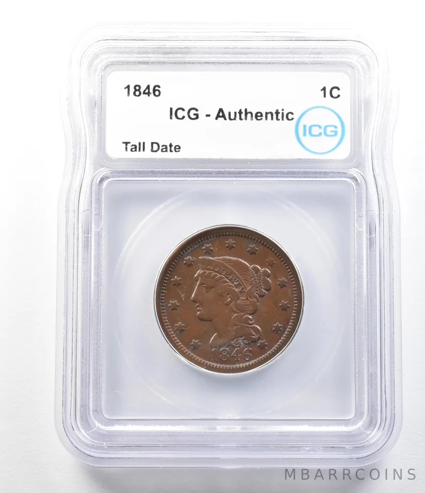 1846 Braided Hair Large Cent Tall Date Authentic ICG a0417