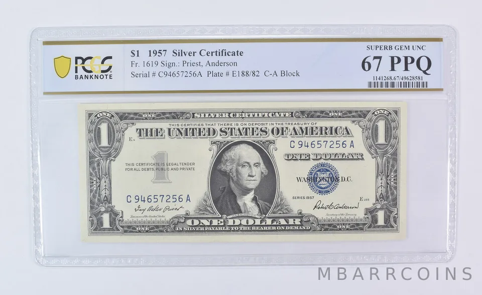 1957 $1 Silver Certificate Fr#1619 Superb Gem Unc 67 PPQ PCGS