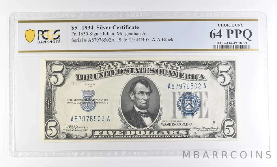 1934 $5 Silver Certificate Fr#1650 Choice Unc 64 PPQ PCGS *2816