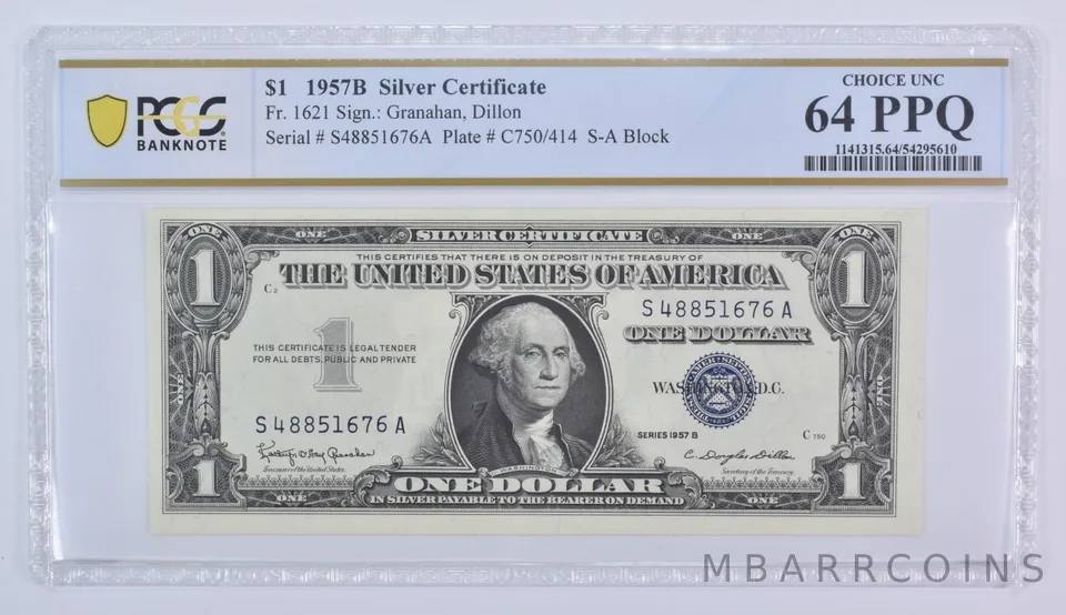 1957 B $1 Silver Certificate Fr#1621 Choice Unc 64 PPQ PCGS
