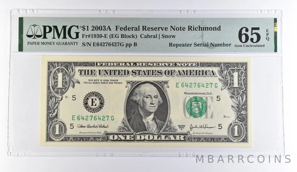 2003 A $1 Richmond VA FRN Repeater S/N Fr#1930-E Gem Unc 65 EPQ PMG *9501