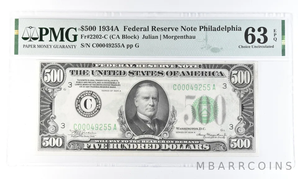 1934 A $500 Philadelphia PA FRN Fr#2202-C Choice Unc 63 EPQ PMG a0830