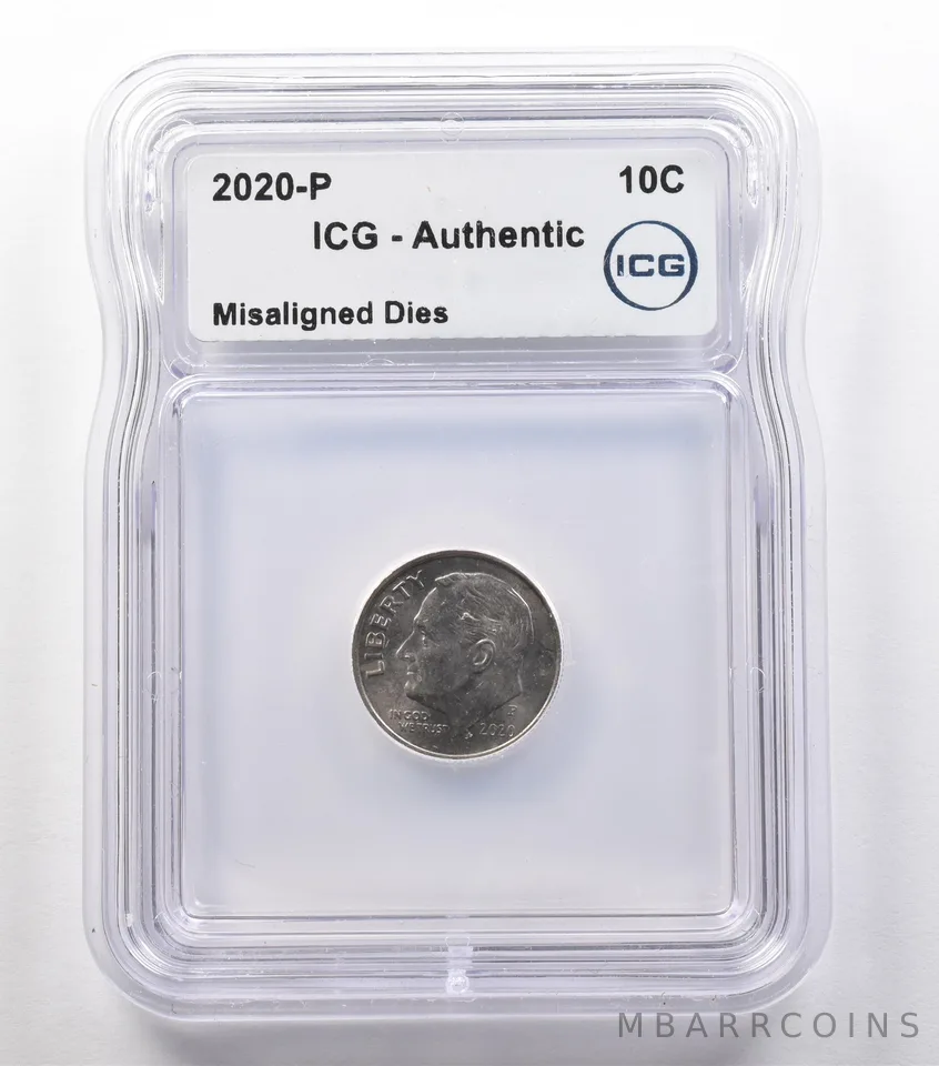 2020-P Roosevelt Dime Mint Error Misaligned Dies Authentic ICG *2436