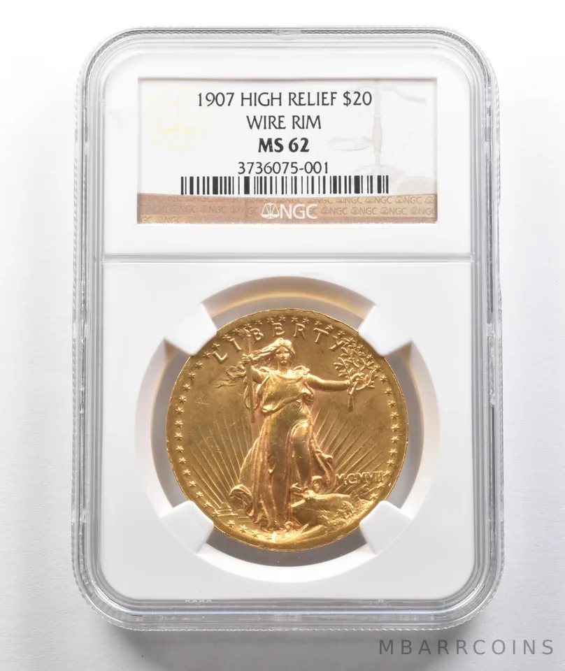 1907 $20 Saint-Gaudens Gold Double Eagle High Relief Wire Rim MS62 NGC a1574
