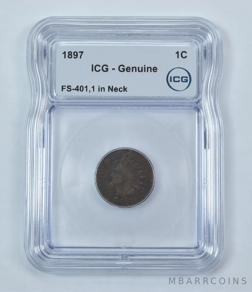 Error 1897 Indian Head Cent FS-401 1 In Neck Genuine ICG *9248