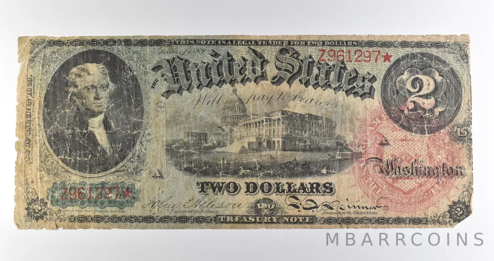 1869 $2 Treasury Note Star Note Large Note Red Seal *3593