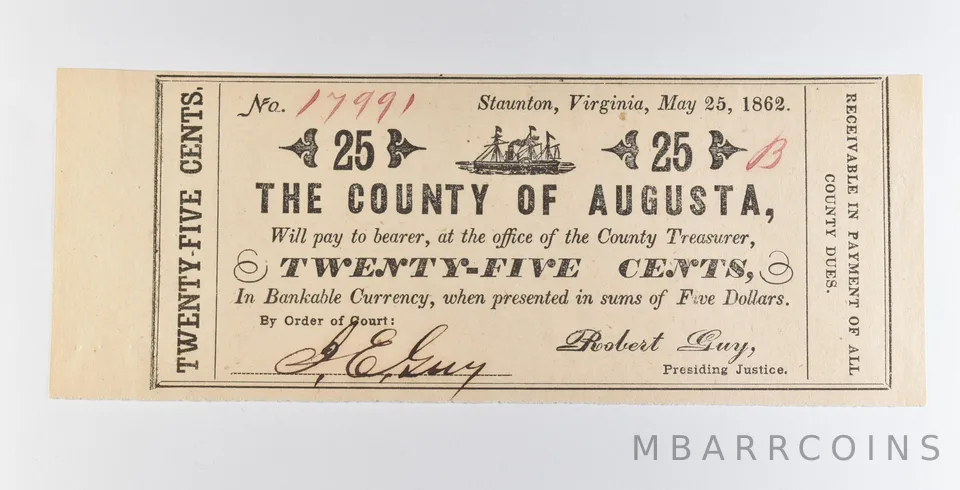 1862 25 Cents Staunton VA County Of Augusta Obsolete Note *8911