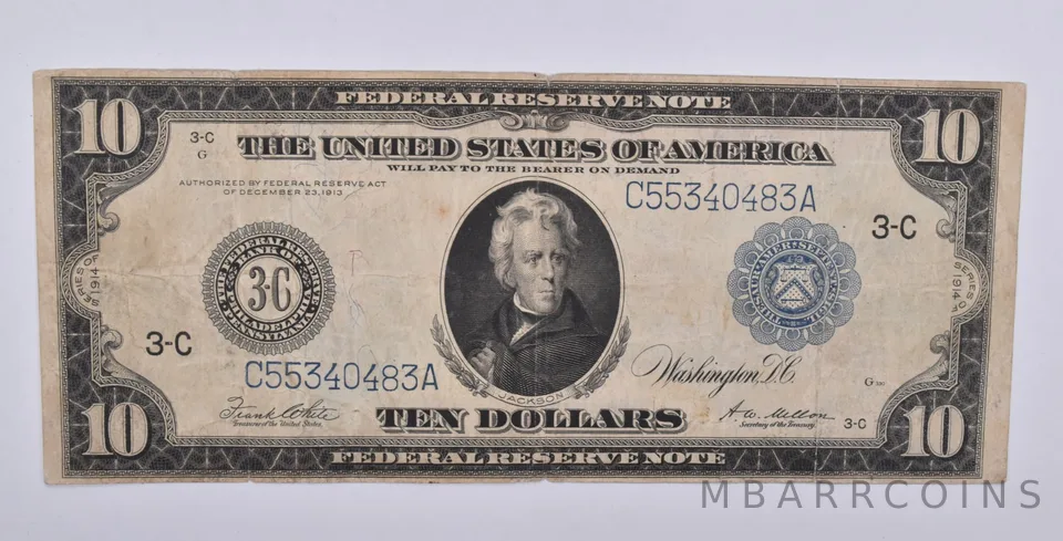 1914 $10 Philadelphia PA US FRN Large Note Blue Seal FR 915 C Fine *9159
