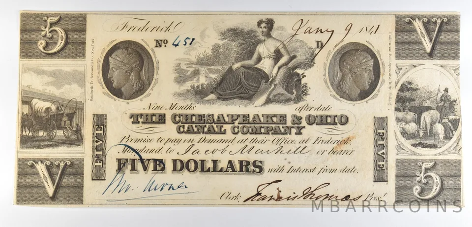 1841 $5 Frederick MD Chesapeake & Ohio Canal Company Obsolete Note *8506
