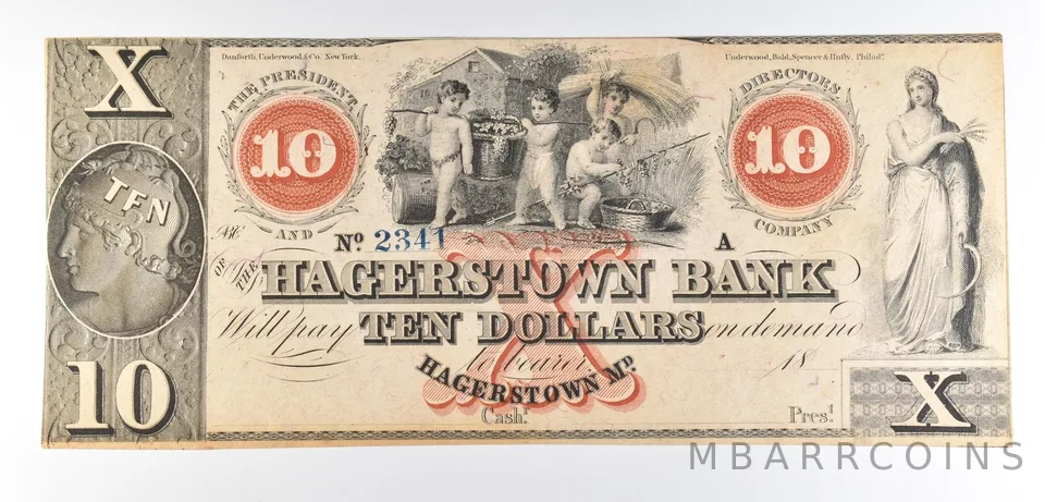 1800s $10 Hagerstown Bank MD Obsolete Note *8525