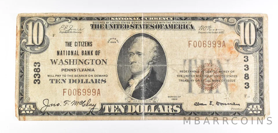 1929 $10 Washington, PA National Currency Note Brown Seal 3383 a5749