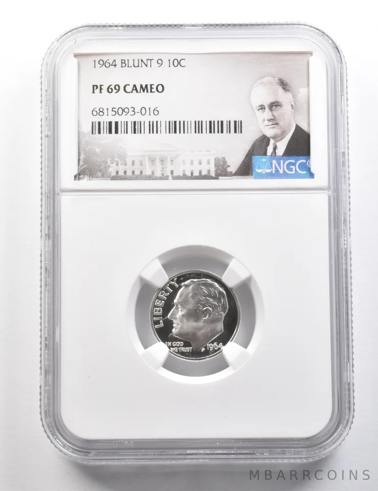 1964 Roosevelt Dime Blunt 9 PF69 Cameo NGC a9504