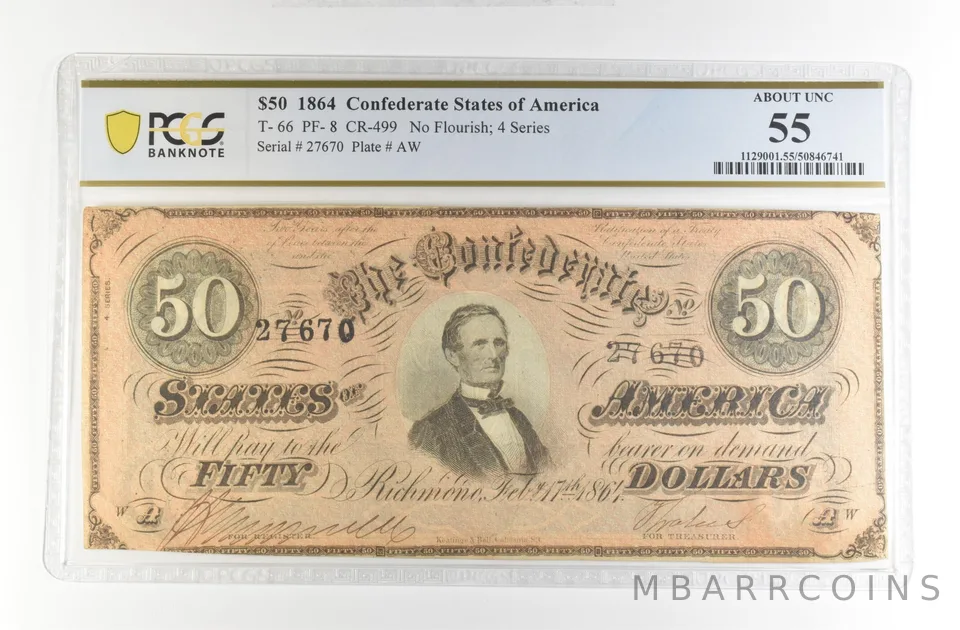 1864 $50 Confederate States America Large Note T-66 PF-8 CR-499 AU 55 PCGS *4217