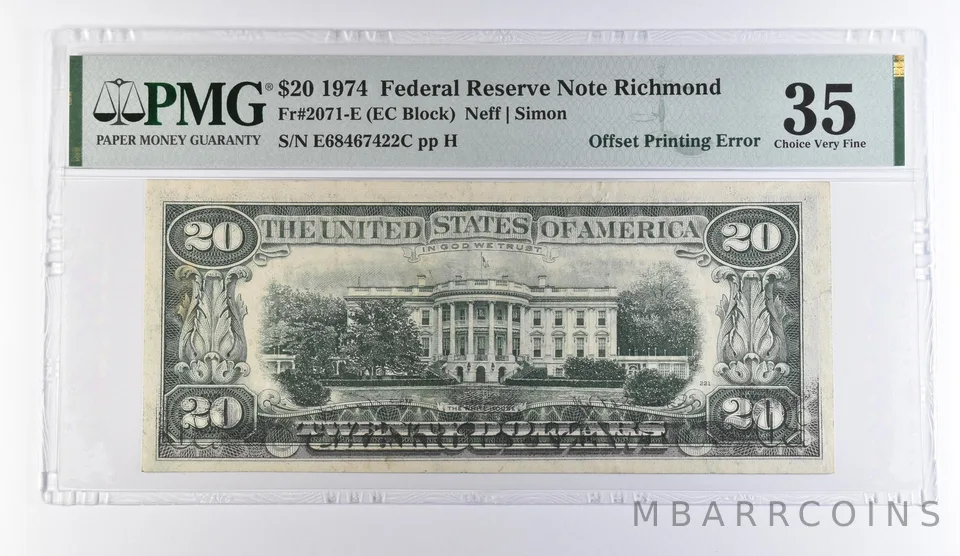1974 $20 Richmond VA FRN OffPrinting Error Fr#2071-E Choice VF 25 PMG *9467