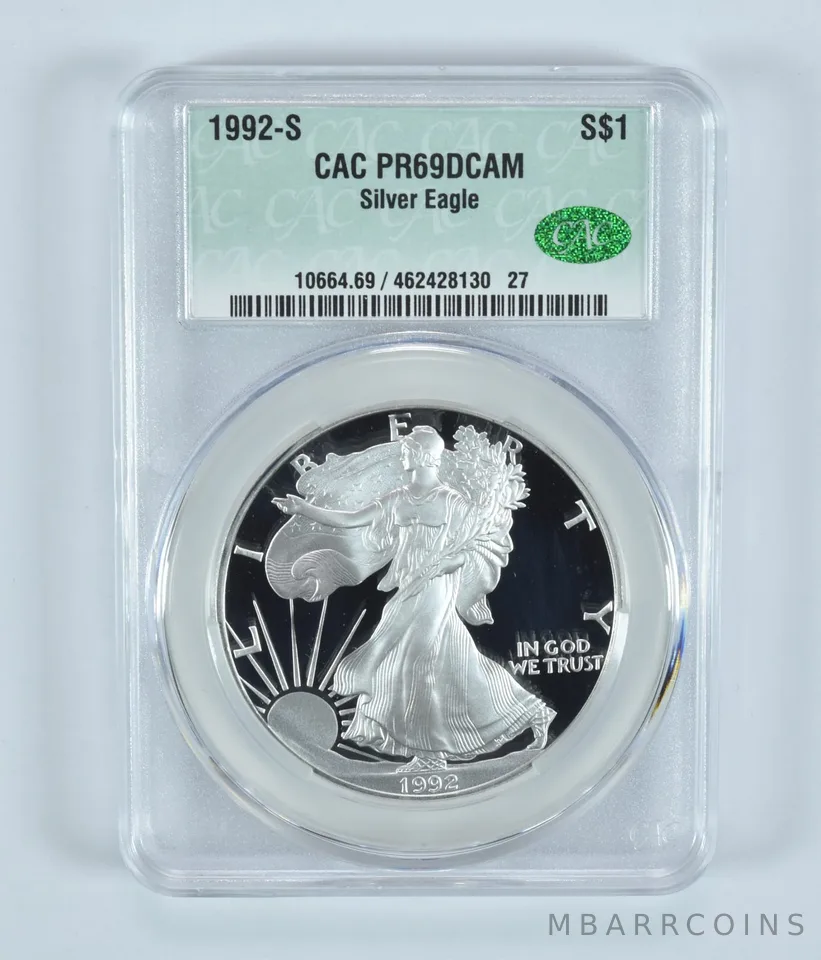 1992-S American Silver Eagle PR69 DCAM CAC CACg