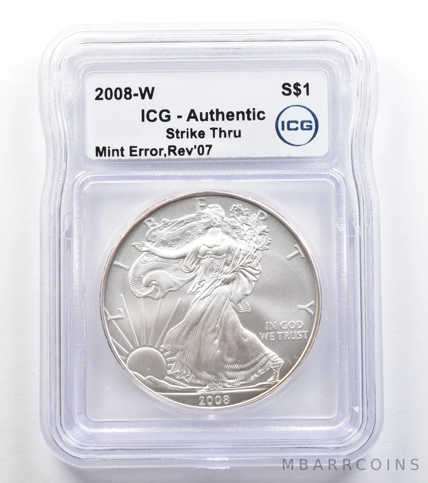 2008-W Burnished Silver Eagle Reverse 2007 Mint Error Strike Thru ICG *9586