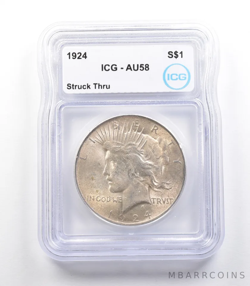 1924 Peace Silver Dollar Mint Error Struck Thru AU58 ICG a2347