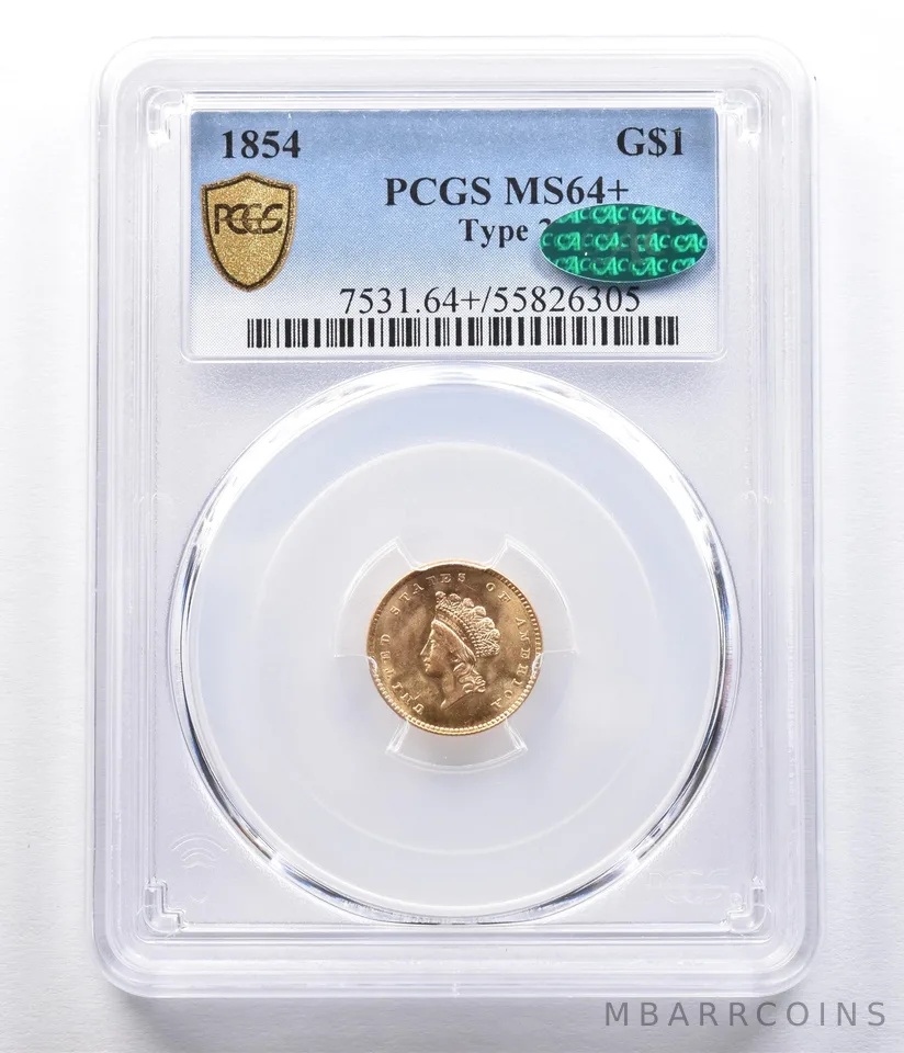 1854 $1 Indian Princess Head Gold Dollar Piece Type 2 MS64+ PCGS CAC *2337