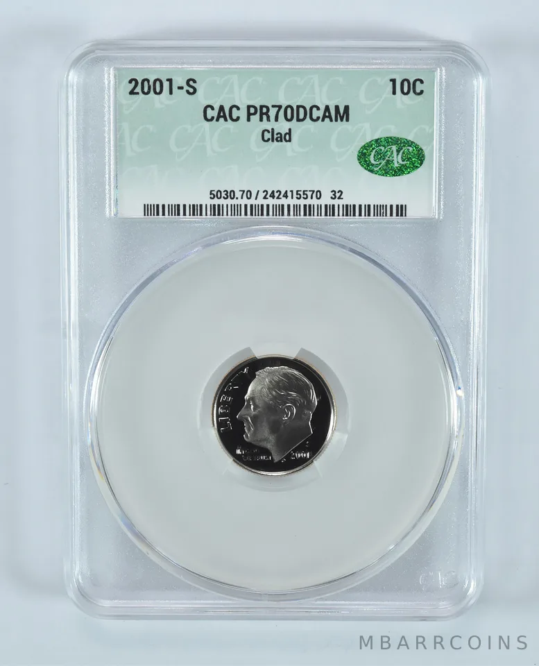 2001-S Roosevelt Dime CLAD PR70 DCAM CAC CACg