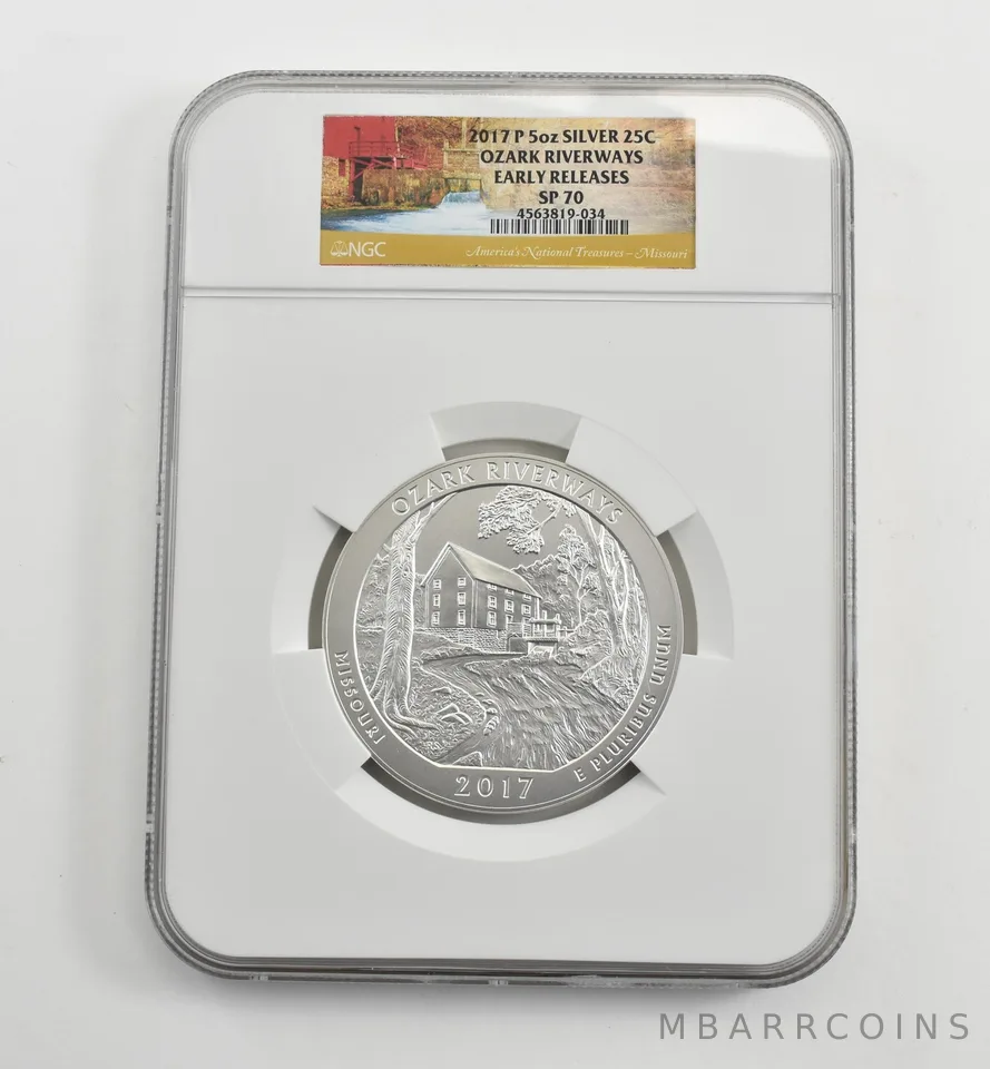 2017-P 5 Oz Silver Quarter ATB Ozark Riverways ER SP70 NGC *1596