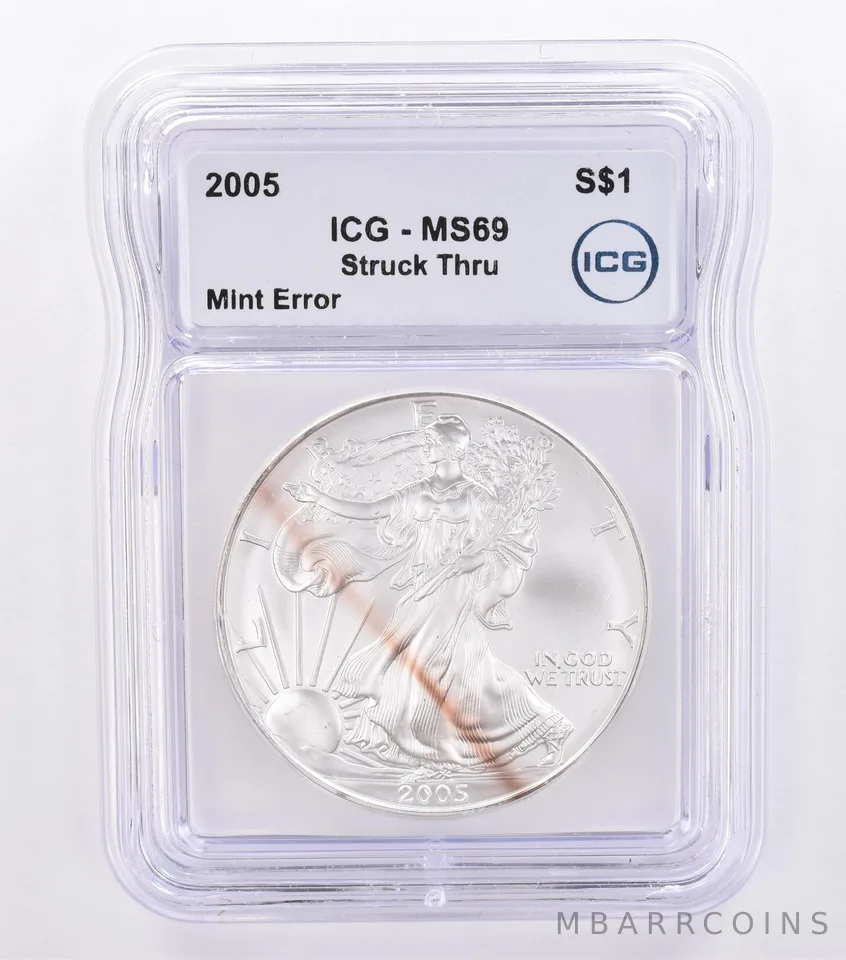 2005 American Silver Eagle Mint Error Struck Thru MS69 ICG Nice Tone a8677