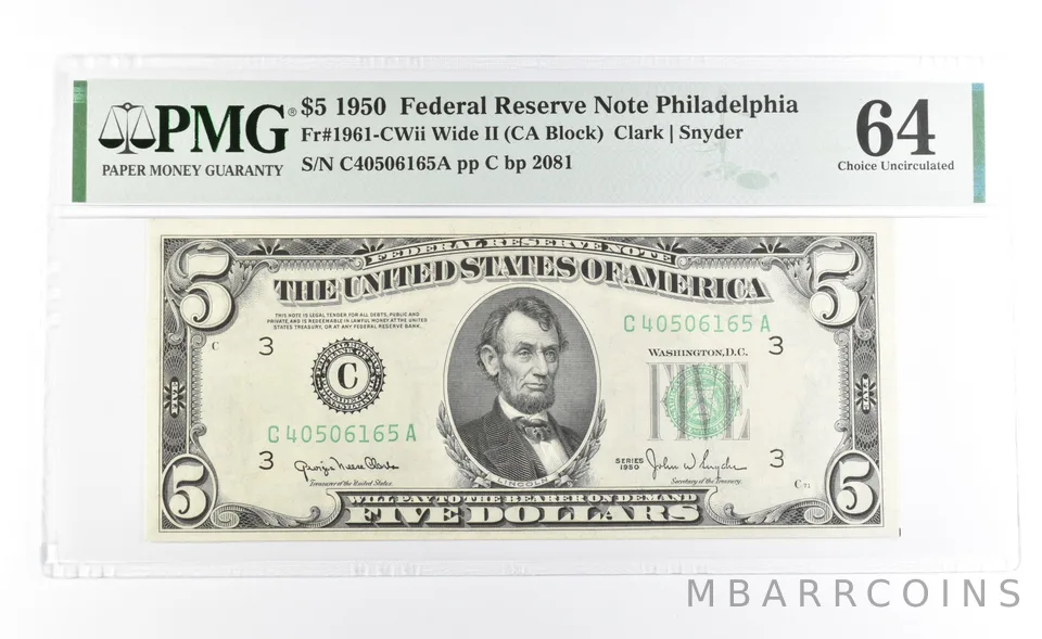 PMG 64 Choice Unc 1950 $5 Philadelphia, PA US FRN Green Seal Fr#1961-CWii a1025