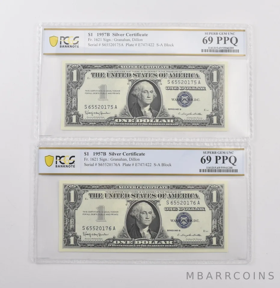 (2) 1957 B $1 Silver Certificate Fr#1621 Gem Unc 69 PPQ PCGS Consecutive *6922