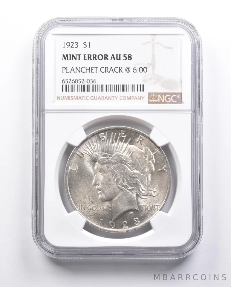 AU58 1923 Peace Silver Dollar Error Planchet Crack @ 6:00 NGC *6659