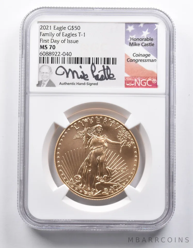 MS70 2021 $50 American Gold Eagle 1 Oz FDOI Family Eagles T1 Castle NGC *0953
