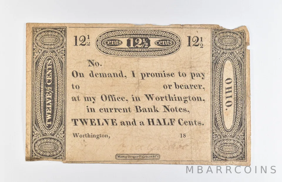 1819 12 1/2 Cents Worthington OH Obsolete Note *8588