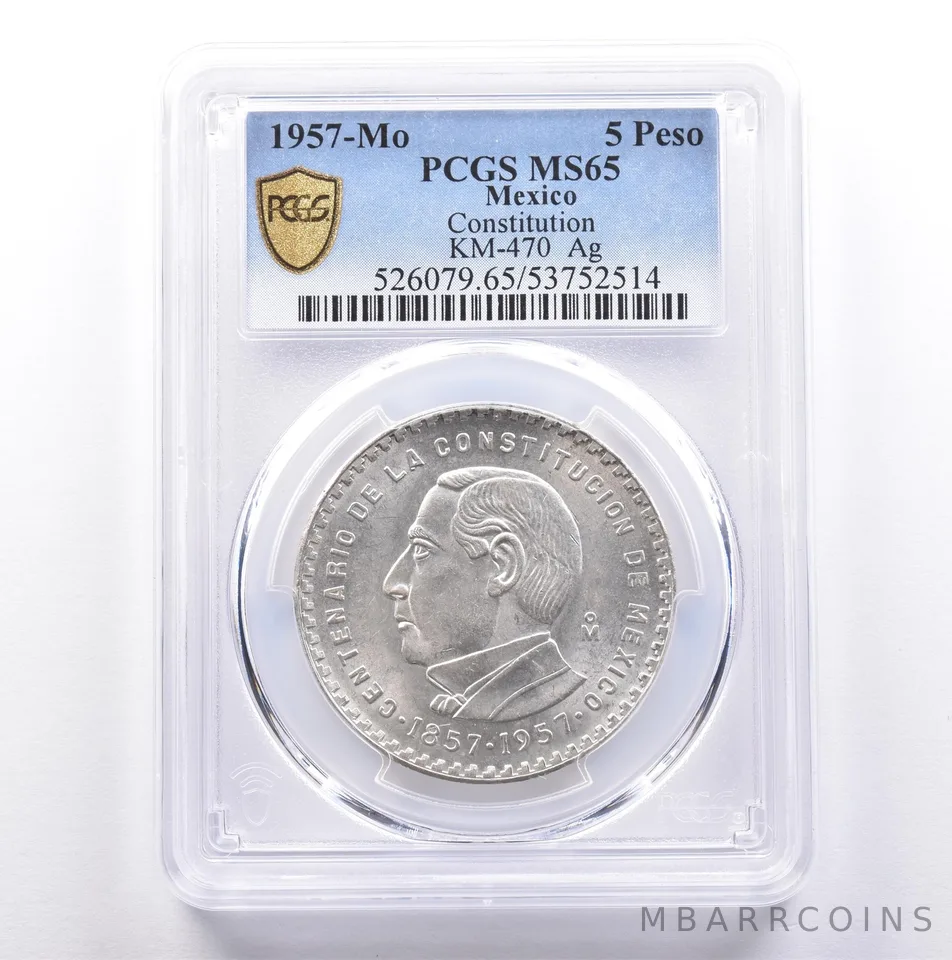 1957 Mo Mexico 5 Pesos Silver Constitution KM-470 MS65 PCGS *9053
