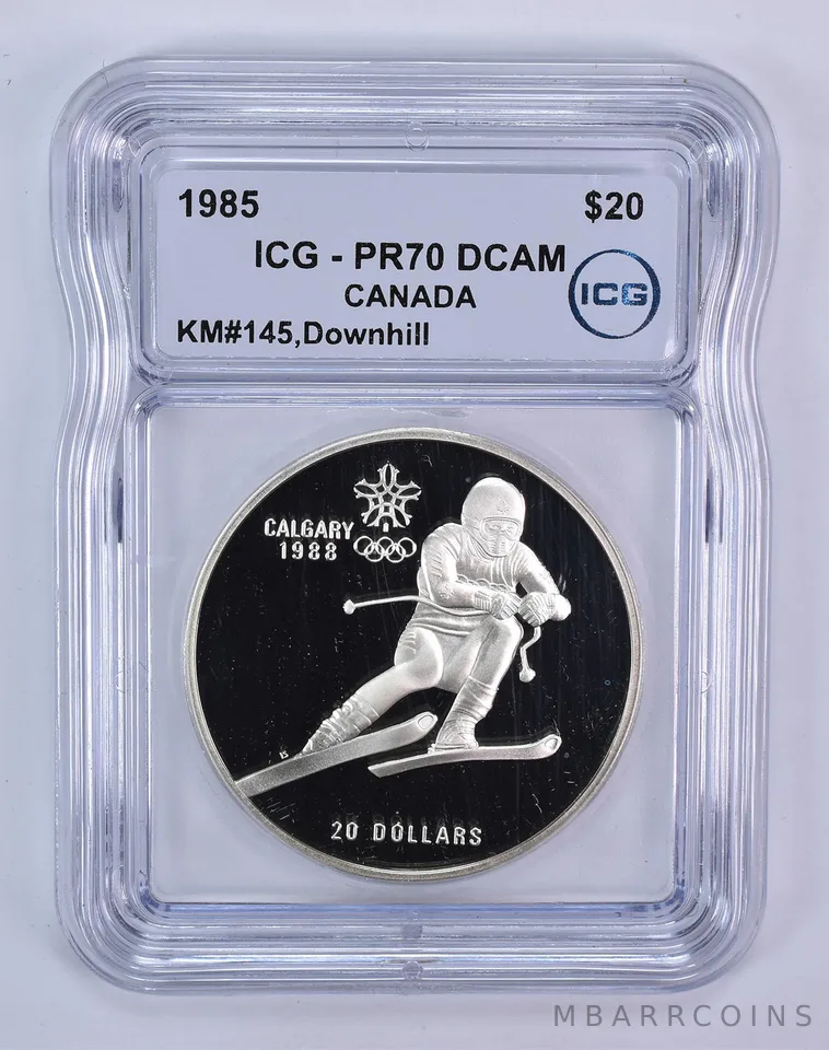 1985 Canada 20 Dollars Calgary Olympics Downhill Skiing PR70 DCAM ICG