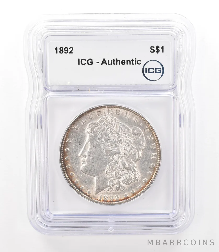 1892 Morgan Silver Dollar Authentic ICG Rainbow Tone Reverse a3138
