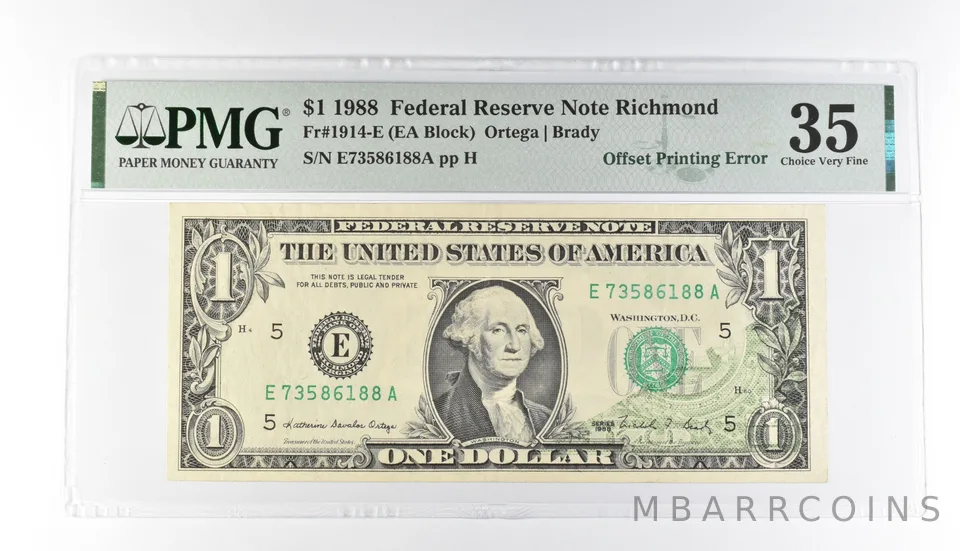 PMG 35 Choice VF $1 1988 FRN Richmond Fr#1914-E Offset Printing Error *3186