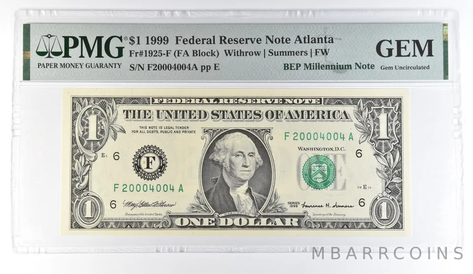 1999 $1 Atlanta GA FRN Fr#1925-F BEP Millennium PMG Fancy Serial *8098