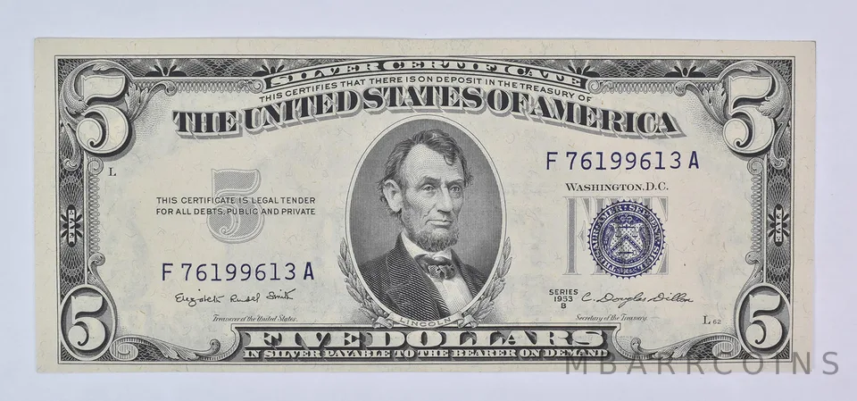 1953 B $5 Silver Certificate Blue Seal Uncirculated