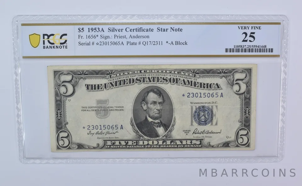 1953 A $5 Silver Certificate Star Note Fr#1656* Very Fine 25 PCGS *8120
