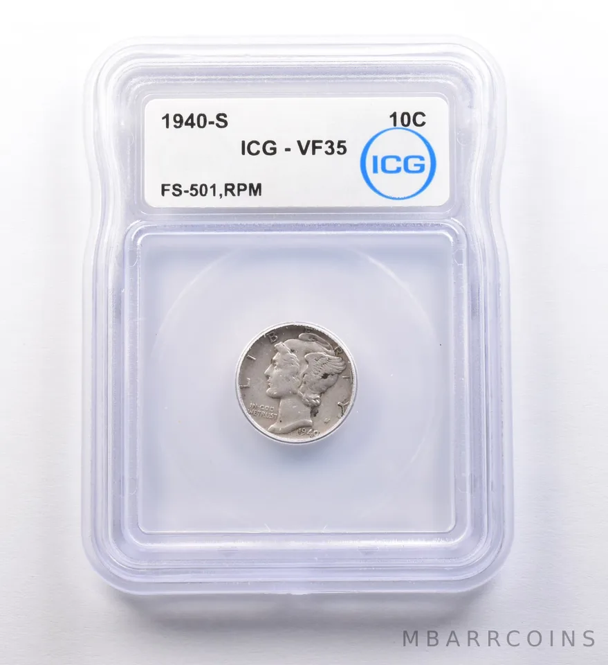 1940-S Mercury Dime FS-501 RPM VF35 ICG *9721