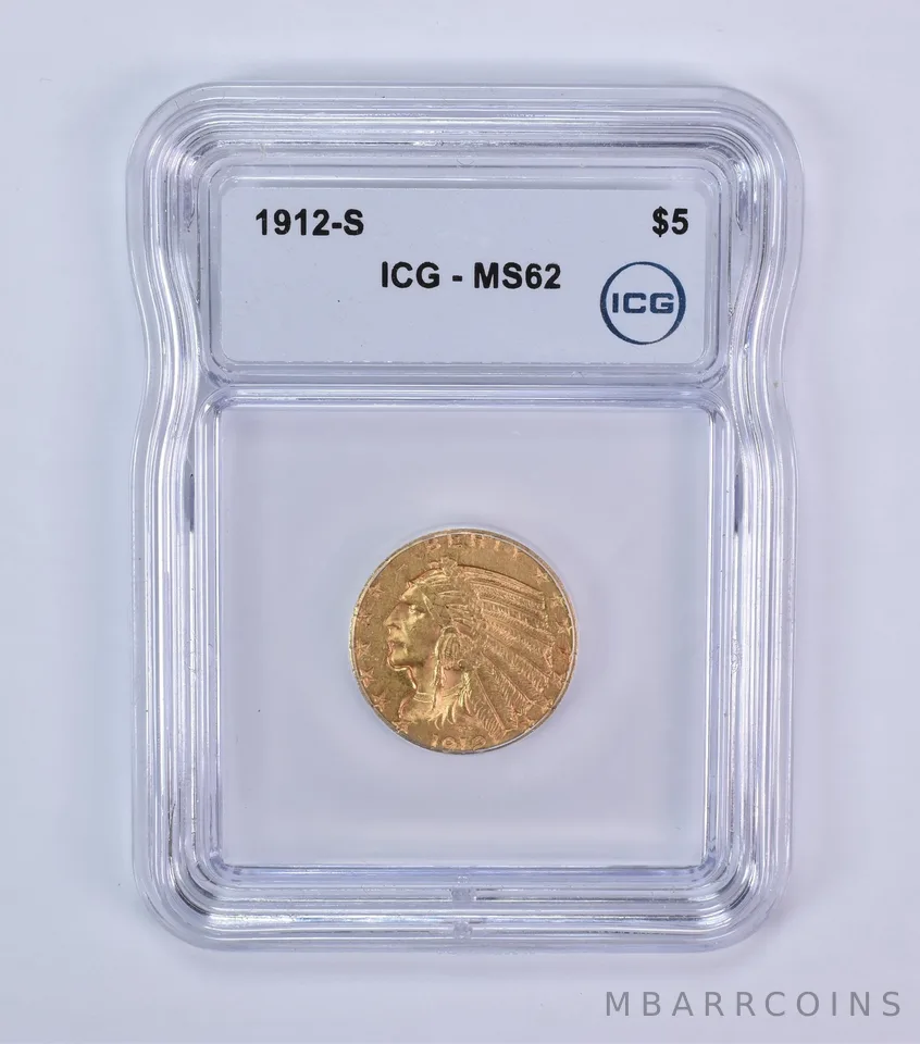 1912-S $5 Indian Head Gold Half Eagle MS62 ICG *7940