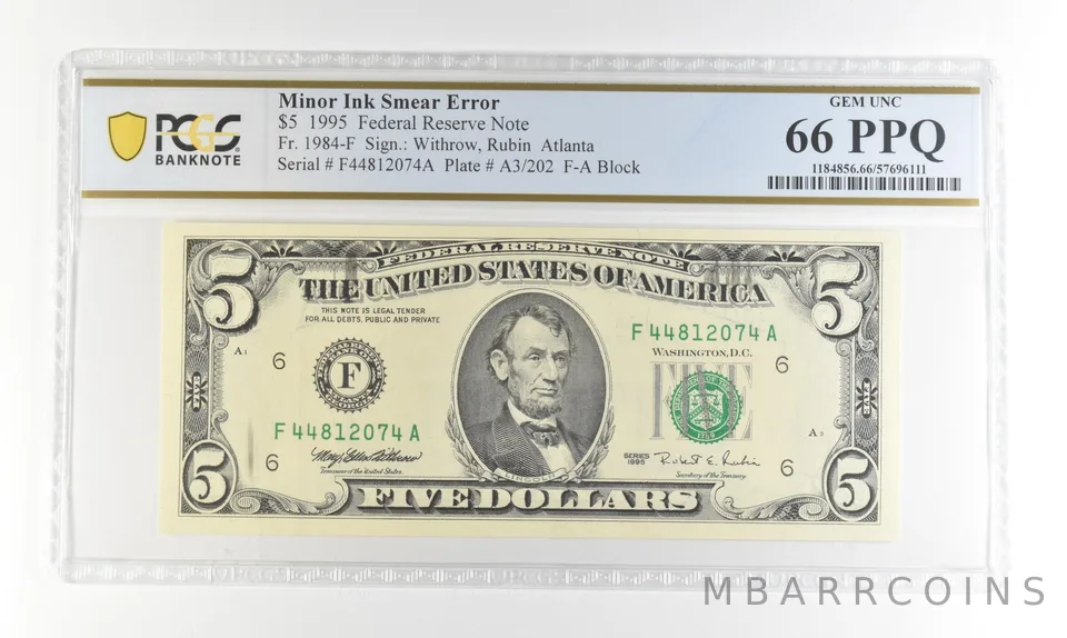 1995 $5 FRN Atlanta GA Fr#1984-F Minor Ink Smear Error Gem Uc 66 PPQ PCGS *4233
