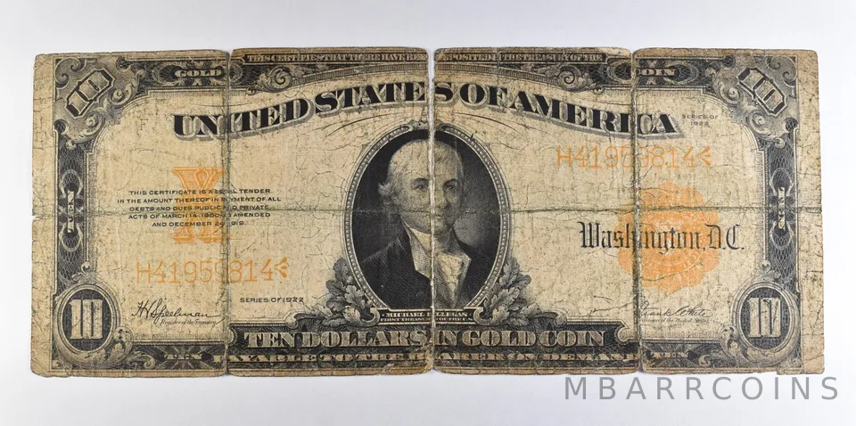 1922 $10 Gold Certificate Yellow Seal Large Note Fr#1173 *2279
