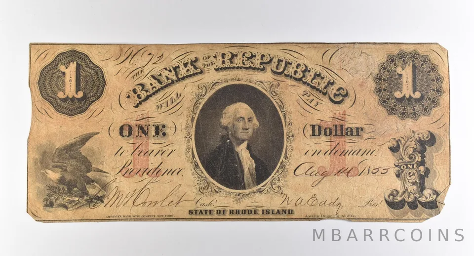 1855 $1 Rhode Island Bank Of The Republic Obsolete Note *3755