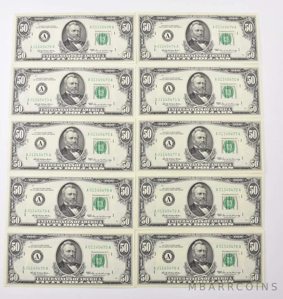 Lot (10) 1969 $50 Boston, MA US FRN Consecutive Notes 2114-A Fr a9730