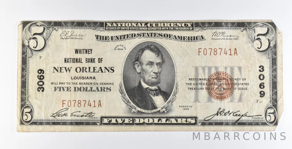 1929 $5 New Orleans LA National Currency Ch#3069 Brown Seal *1188