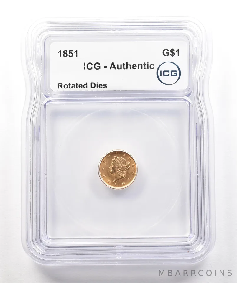 1851 $1 Liberty Head Gold Dollar Rotated Dies Authentic ICG *4272