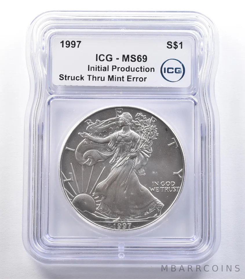 1997 American Silver Eagle Mint Error Struck Thru Production MS69 ICG *9571